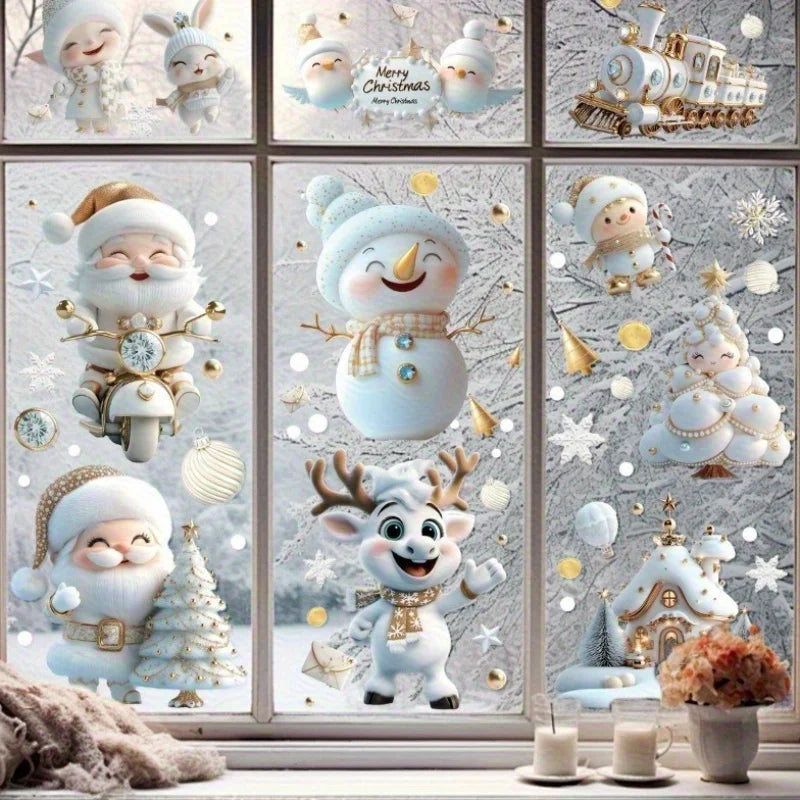 9 Sheets Christmas Window Clings - Removable Static Stickers with Santa, Snowman, Reindeer, Christmas Tree - No Residue