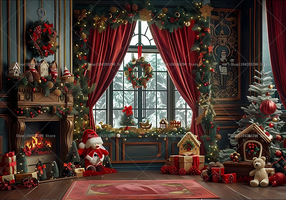 Christmas Photography Backdrop Xmas Tree Fireplace Gift Winter Window Family Kids Party Christmas Decoration Photo Background