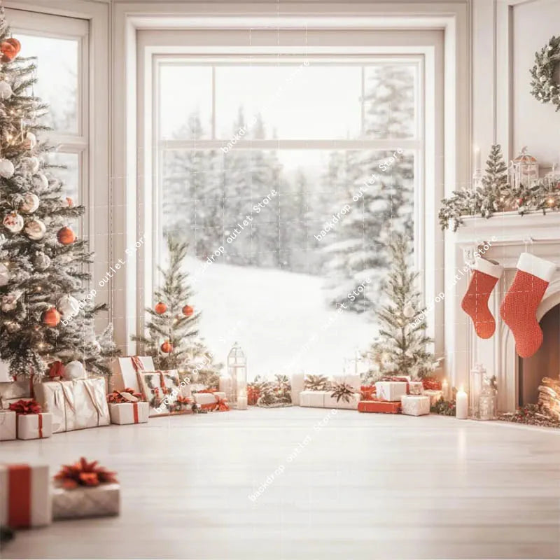 Christmas Celebration Photography Background Winter Window Glitter Xmas Tree Kids Family Portrait Decor Backdrop Photo Studio