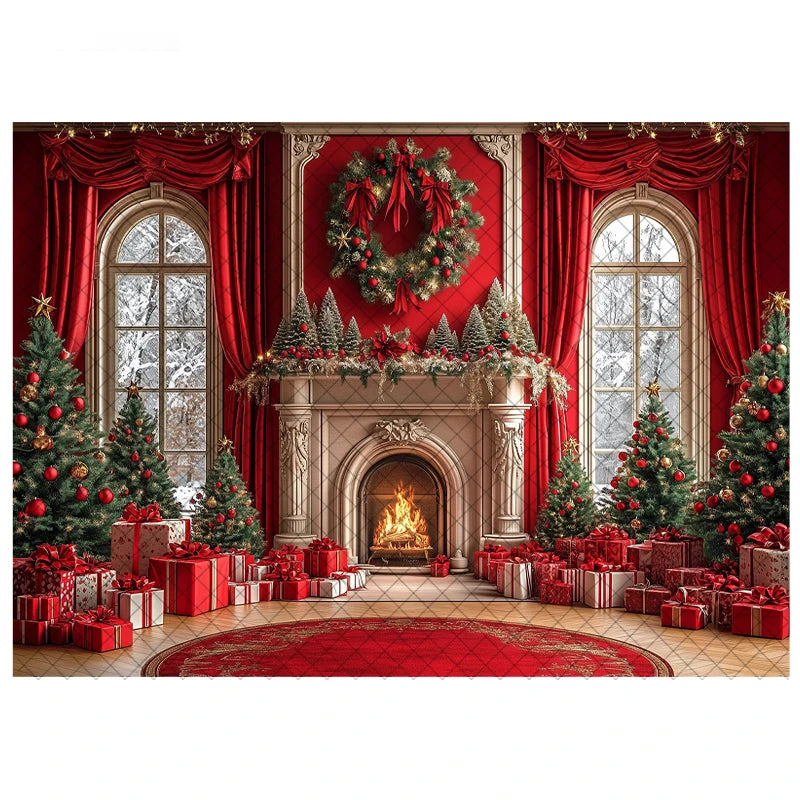 LS Photography Background Xmas Tree Red Room Christmas Fireplace Decoration Kids Holiday Portrait Photo Backdrops Studio Props