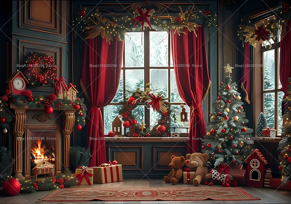 Christmas Photography Backdrop Xmas Tree Fireplace Gift Winter Window Family Kids Party Christmas Decoration Photo Background