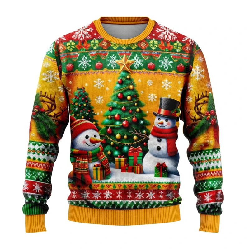 Men Women Xmas Sweatshirt 3D Christmas Snowman Santa Printed Ugly Christmas Sweater Unisex Pullover Holiday Party Jumper Tops