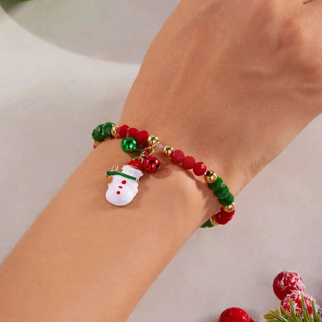 Trendy Small Crystal Bead Xmas Bracelet for Women Men Fashion Handmade Christmas Tree Snowman Elastic Bracelet Jewelry Gifts