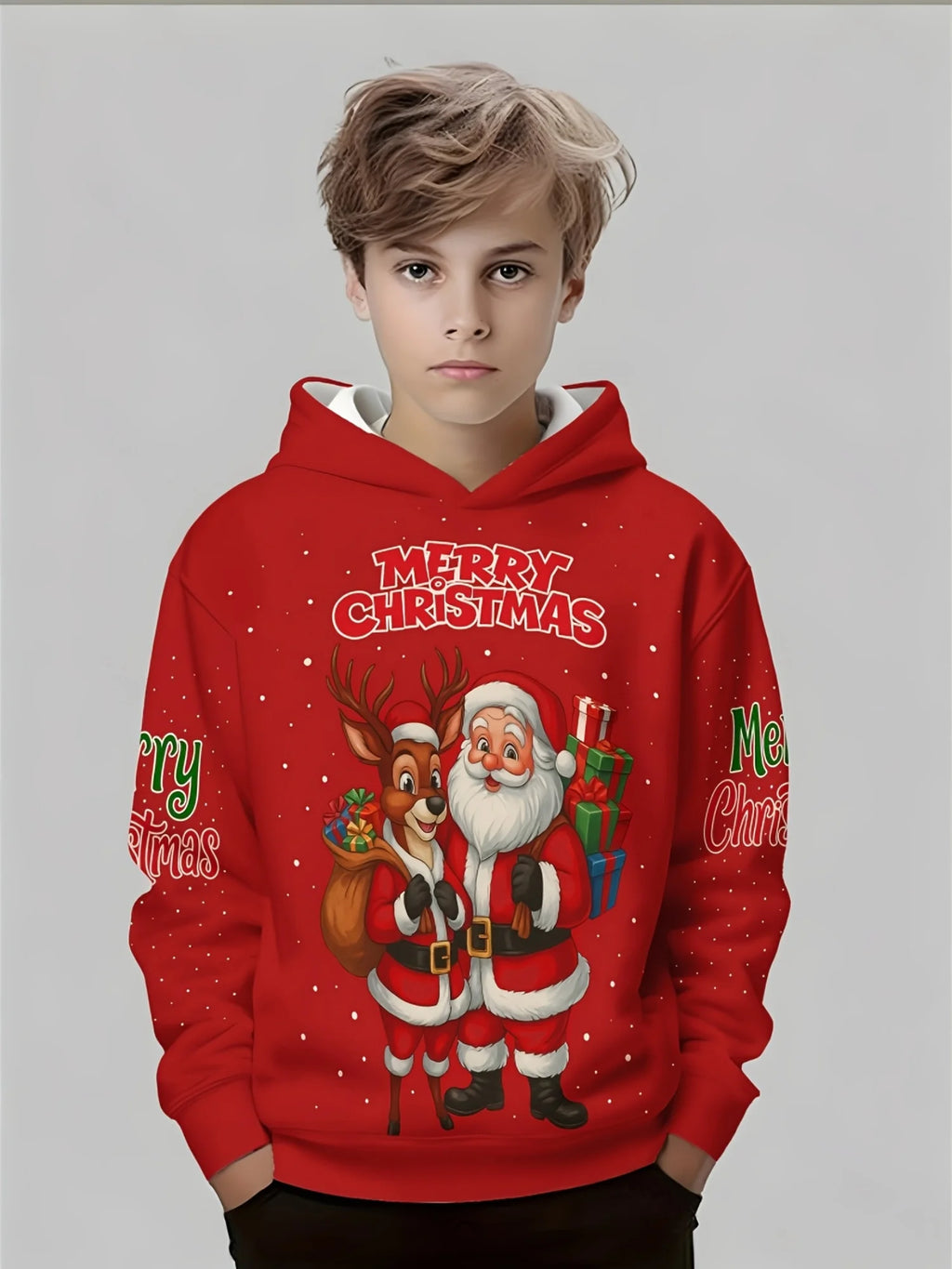 Boys & Girls Christmas New Year Hoodie | Festive Red Hooded Sweatshirt with Santa and Deer Warm and Comfortable