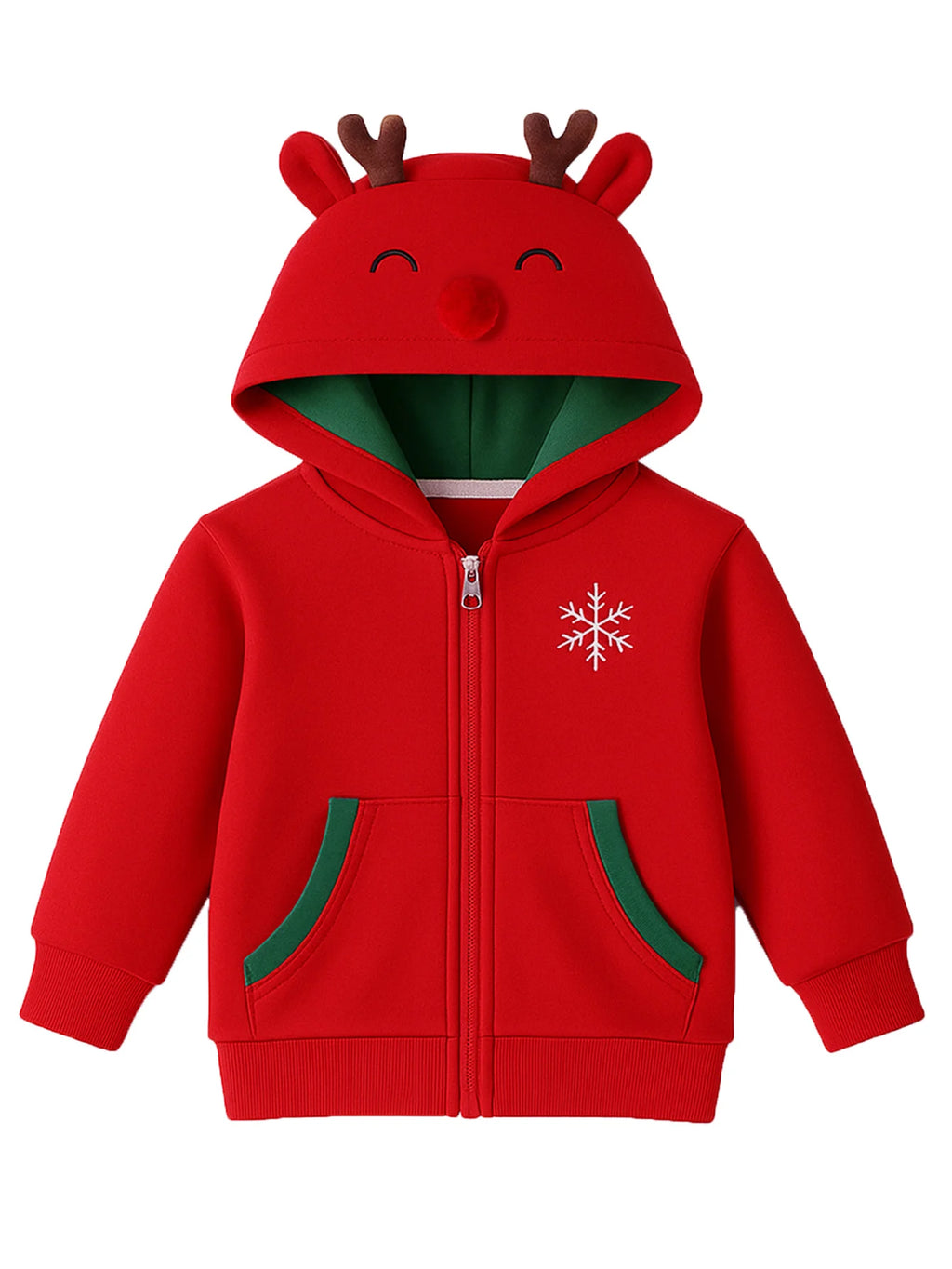Christmas boy hooded sweatshirt with red snowflake print and pocket opening placket, outdoor casual autumn and winter sweatshirt