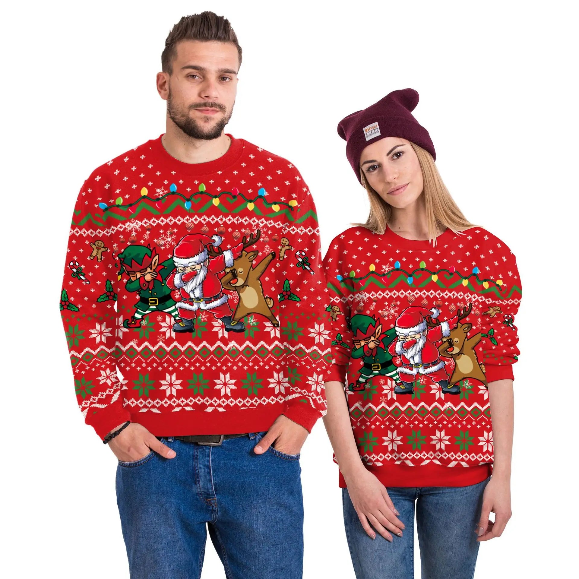 2025 Sweatshirts Christmas Fun Pattern Couple Pullovers Christmas Oversized Crew Neck Sweatshirts Women Men Holiday Party Outfit