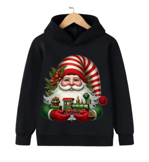 Christmas hooded sweater, cartoon-style, festive Santa Claus design, suitable for both boys and girls.