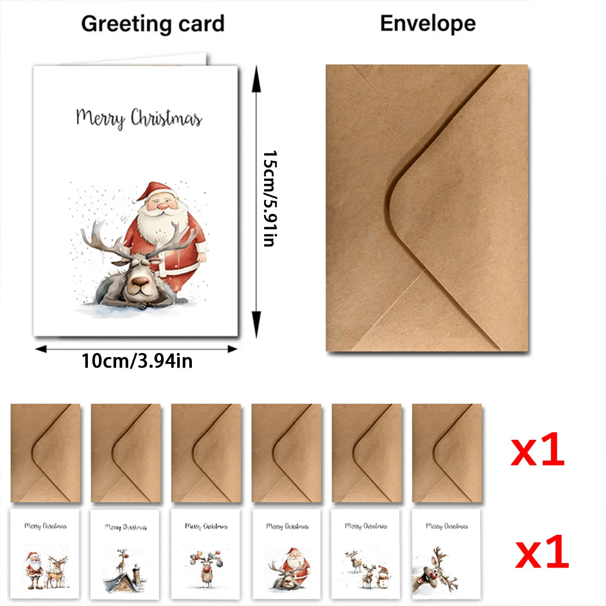 6 Set Festive Christmas Greeting Cards, With Envelopes, Thank You Greeting Cards for Christmas and New Year