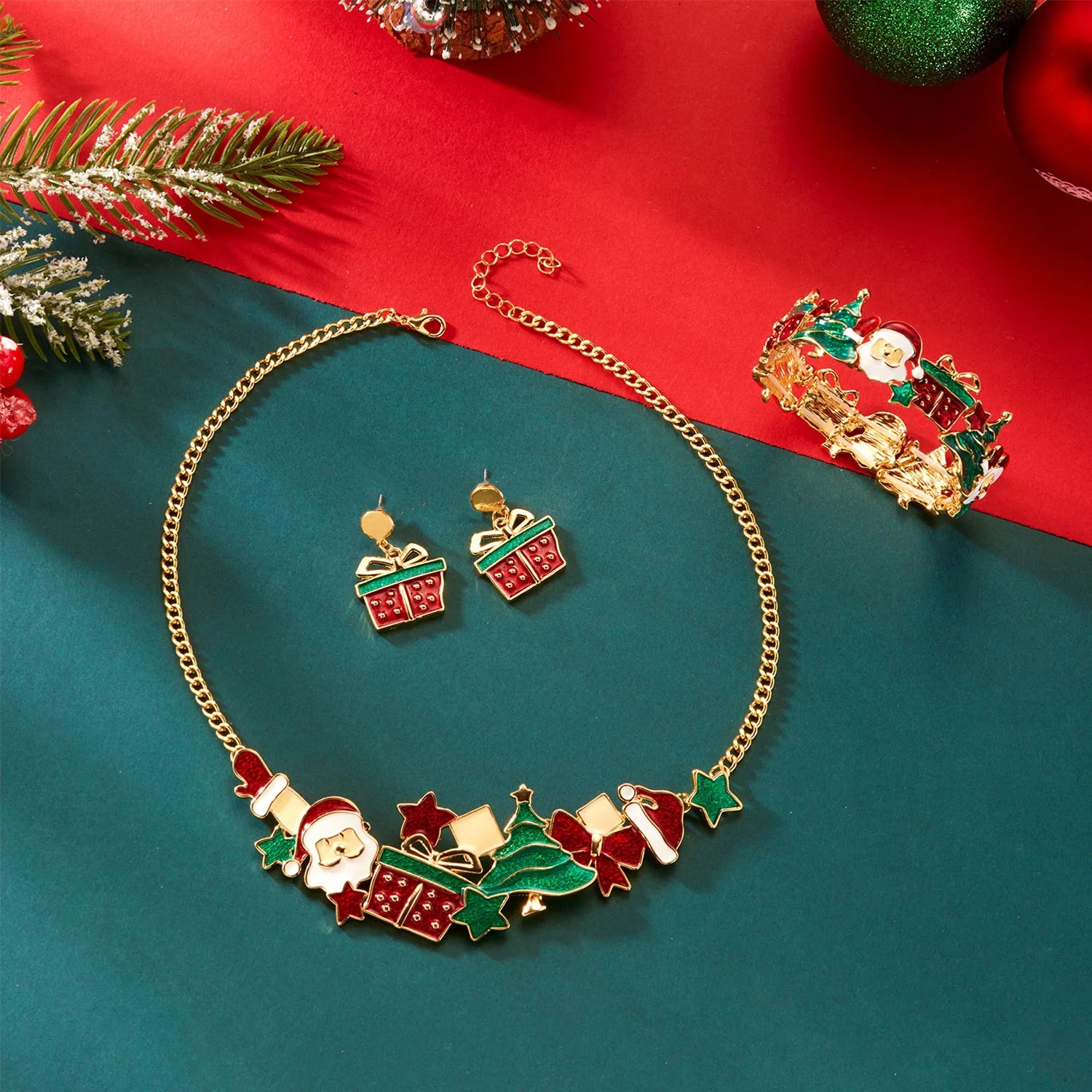 Delicate Enamel Christmas Tree Gift Box Trendy Necklace Bangle Earring Set for Women Elegant Festival Gift Charming Xmas Jewelry