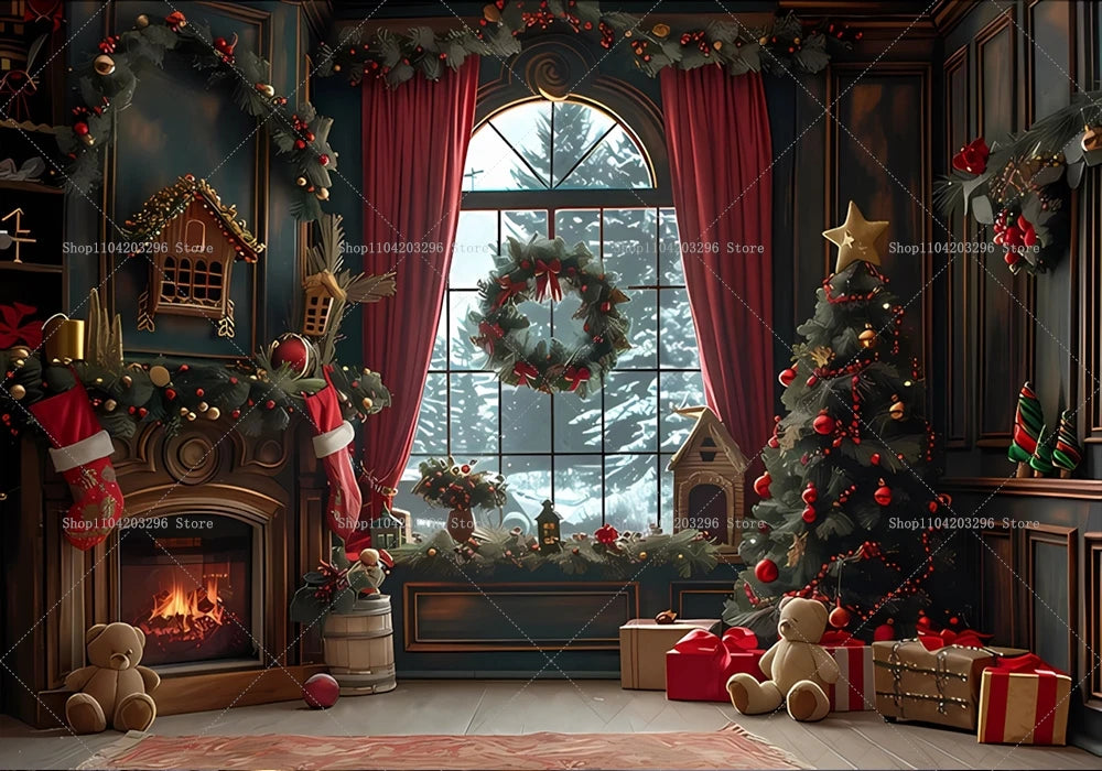 Christmas Photography Backdrop Xmas Tree Fireplace Gift Winter Window Family Kids Party Christmas Decoration Photo Background