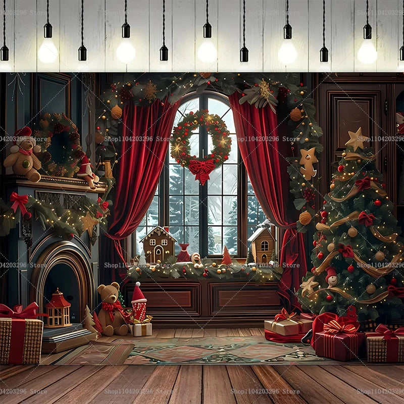 Christmas Photography Backdrop Xmas Tree Fireplace Gift Winter Window Family Kids Party Christmas Decoration Photo Background