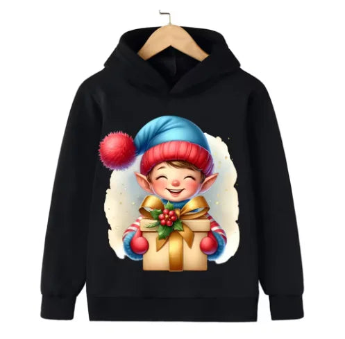 Christmas hooded sweater, cartoon-style, festive Santa Claus design, suitable for both boys and girls.