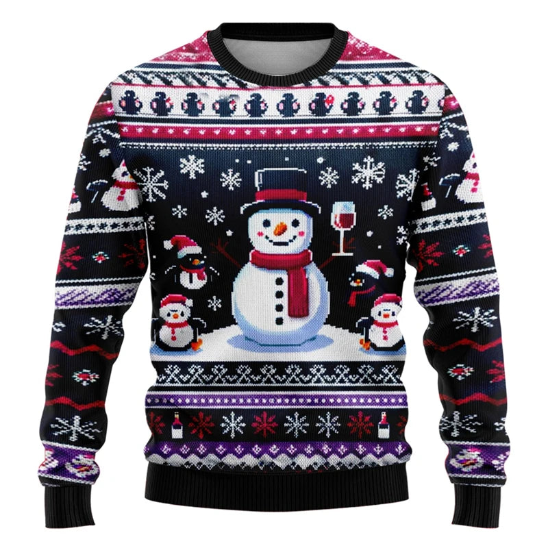 Men Women Xmas Sweatshirt 3D Christmas Snowman Santa Printed Ugly Christmas Sweater Unisex Pullover Holiday Party Jumper Tops