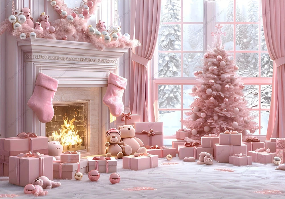 Pink Christmas Photography Backdrop Xmas Tree Fireplace Gifts Box Background Family Party Baby Shower Banner Decor Photo Studio