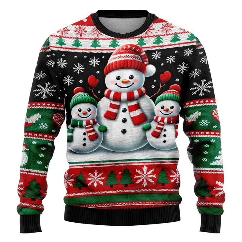 Men Women Xmas Sweatshirt 3D Christmas Snowman Santa Printed Ugly Christmas Sweater Unisex Pullover Holiday Party Jumper Tops