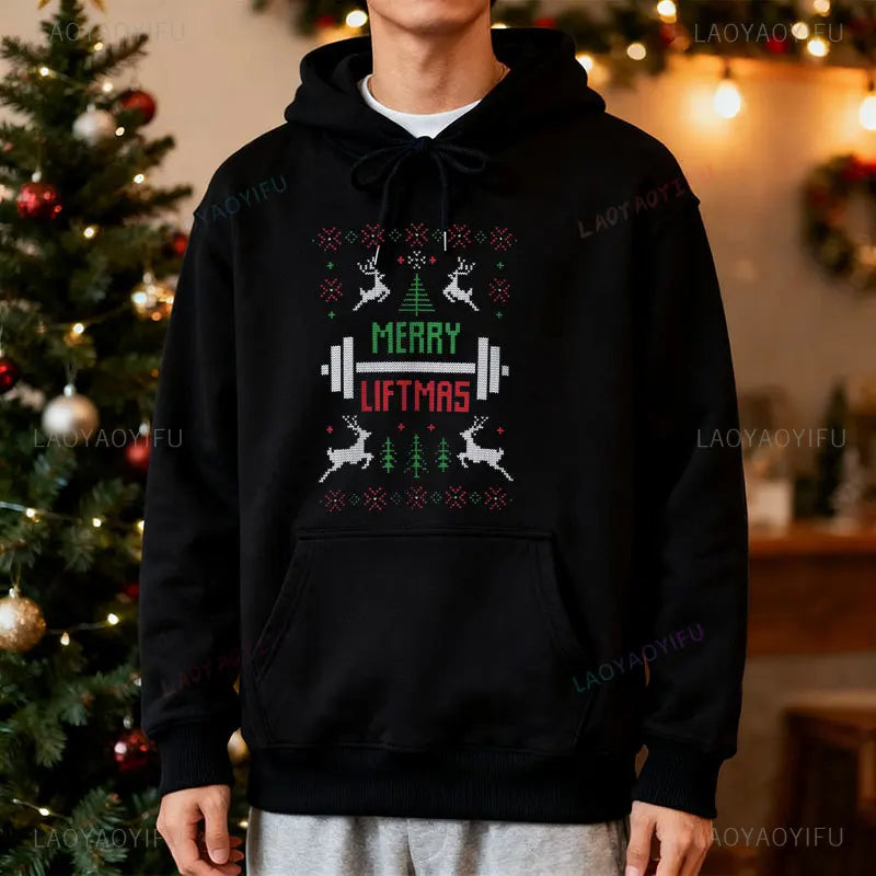 Merry Liftmas Ugly Christmas Sweatshirt Hoodie Workout Funny Holiday Gym Sweater for Fitness Lovers Workout Weightlifting Gift