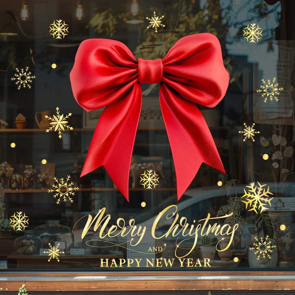 Christmas Big Red Bow Window Clings | Storefront Glass Decoration | Holiday Decals Balcony Window Decor | Festive Scene Stickers