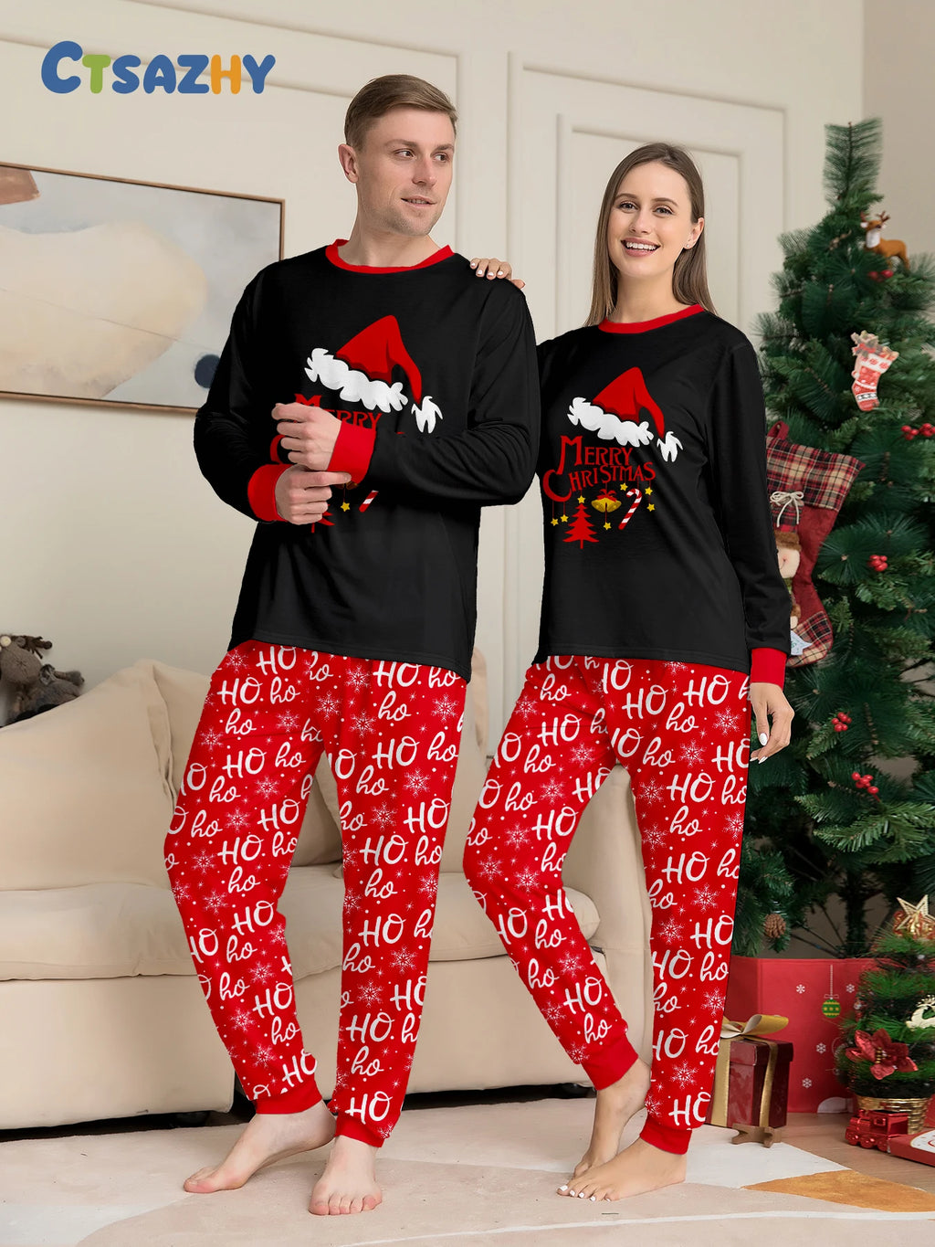 Festive Christmas Couple Pajamas Set: Black with Santa Hat & 'Merry Christmas' + Red 'HO Ho' Pattern