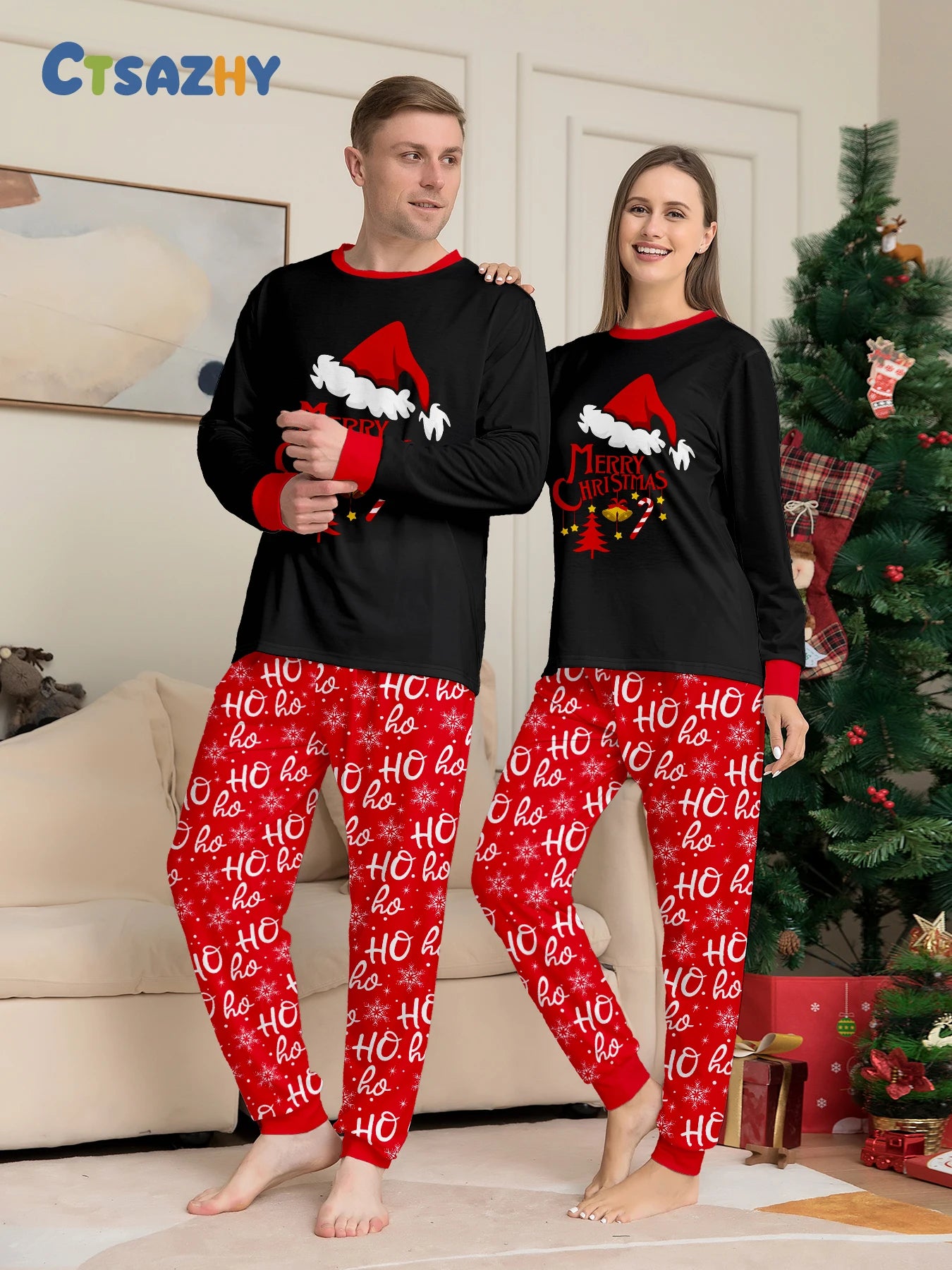Festive Christmas Couple Pajamas Set: Black with Santa Hat & 'Merry Christmas' + Red 'HO Ho' Pattern