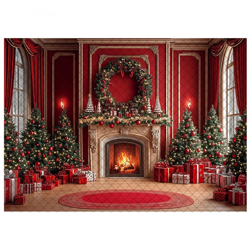 LS Photography Background Xmas Tree Red Room Christmas Fireplace Decoration Kids Holiday Portrait Photo Backdrops Studio Props
