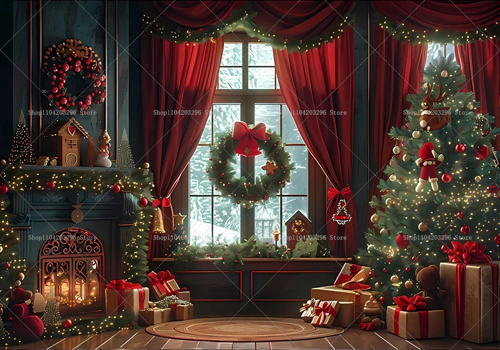 Christmas Photography Backdrop Xmas Tree Fireplace Gift Winter Window Family Kids Party Christmas Decoration Photo Background