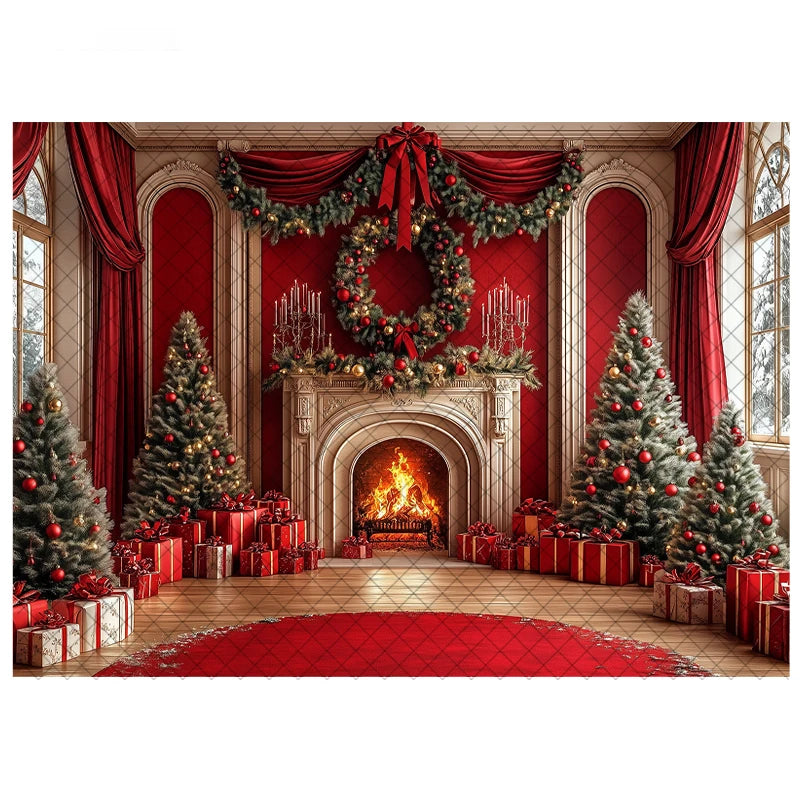 LS Photography Background Xmas Tree Red Room Christmas Fireplace Decoration Kids Holiday Portrait Photo Backdrops Studio Props