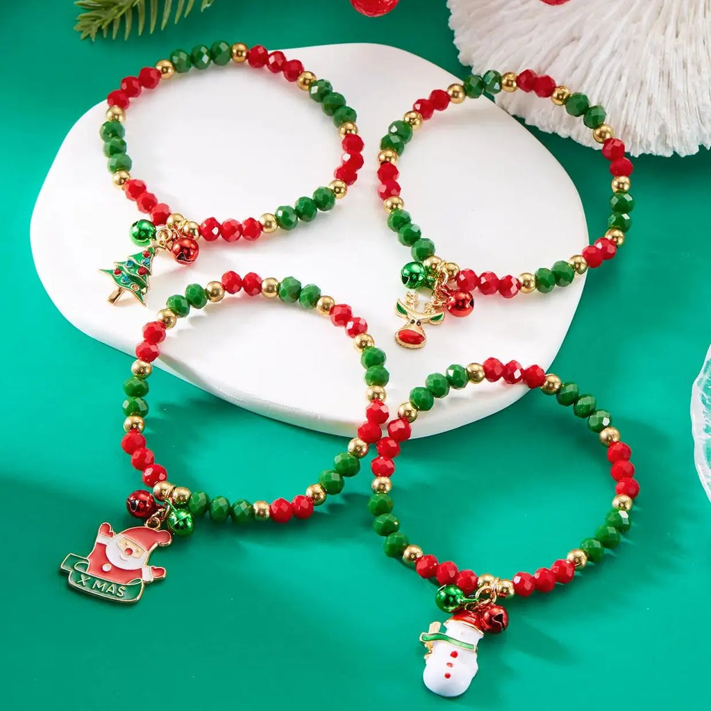 Trendy Small Crystal Bead Xmas Bracelet for Women Men Fashion Handmade Christmas Tree Snowman Elastic Bracelet Jewelry Gifts