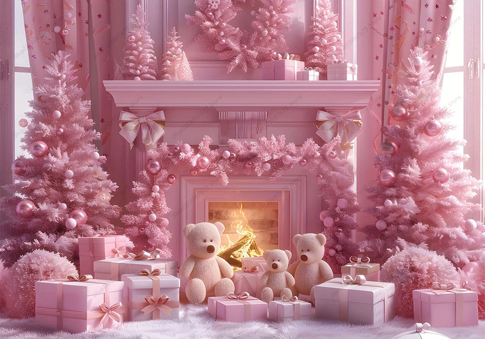 Pink Christmas Photography Backdrop Xmas Tree Fireplace Gifts Box Background Family Party Baby Shower Banner Decor Photo Studio