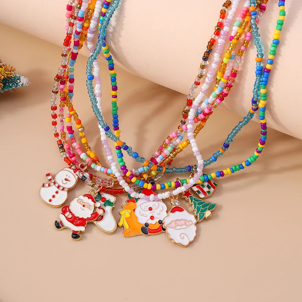 7pcs/Set Christmas Necklaces for Women Girls X'mas Tree Santa Claus Snowman Beads Necklace Pendant New Year Jewelry Gift