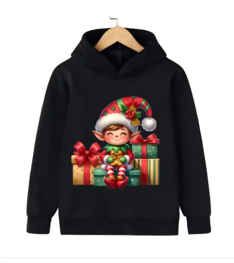 Christmas hooded sweater, cartoon-style, festive Santa Claus design, suitable for both boys and girls.