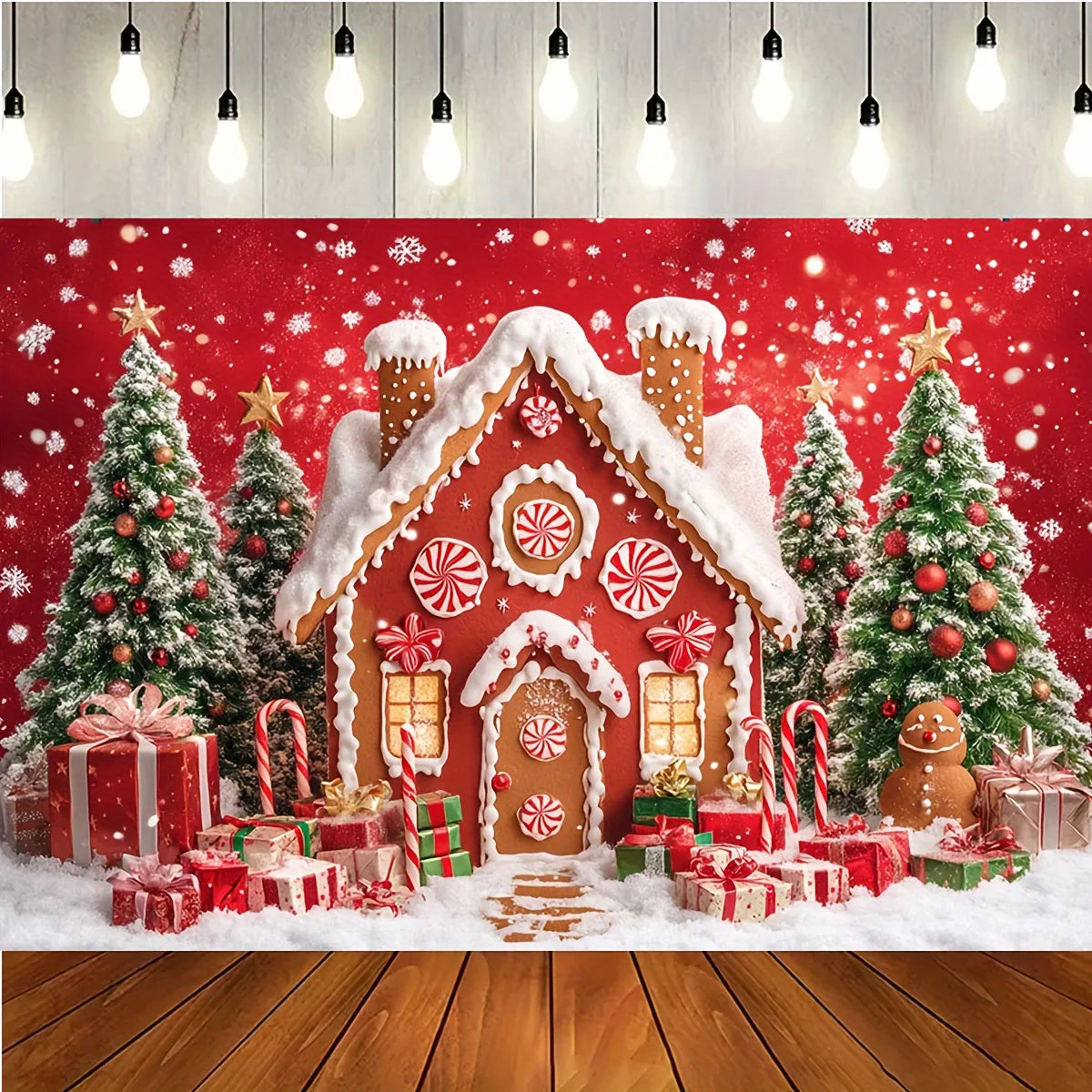 Christmas Photography Background Cloth - Gingerbread House, Snowflakes, Candy Cane, and Tree Patterns