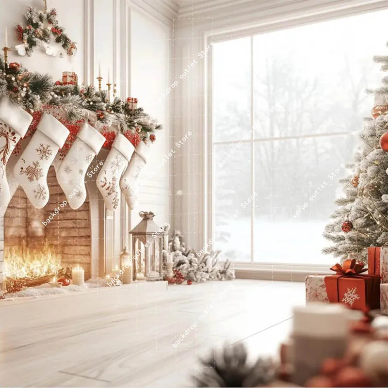 Christmas Celebration Photography Background Winter Window Glitter Xmas Tree Kids Family Portrait Decor Backdrop Photo Studio