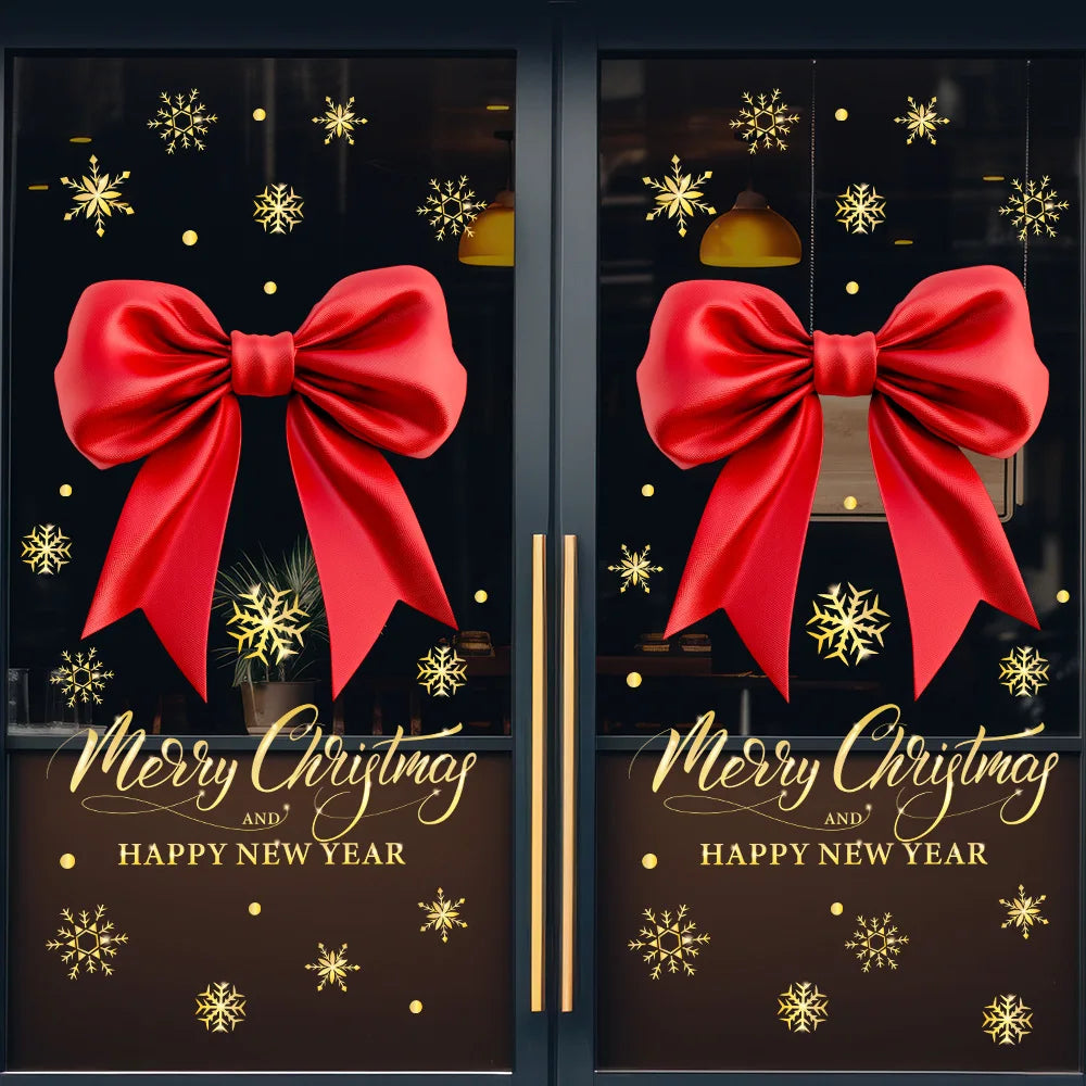 Christmas Big Red Bow Window Clings | Storefront Glass Decoration | Holiday Decals Balcony Window Decor | Festive Scene Stickers