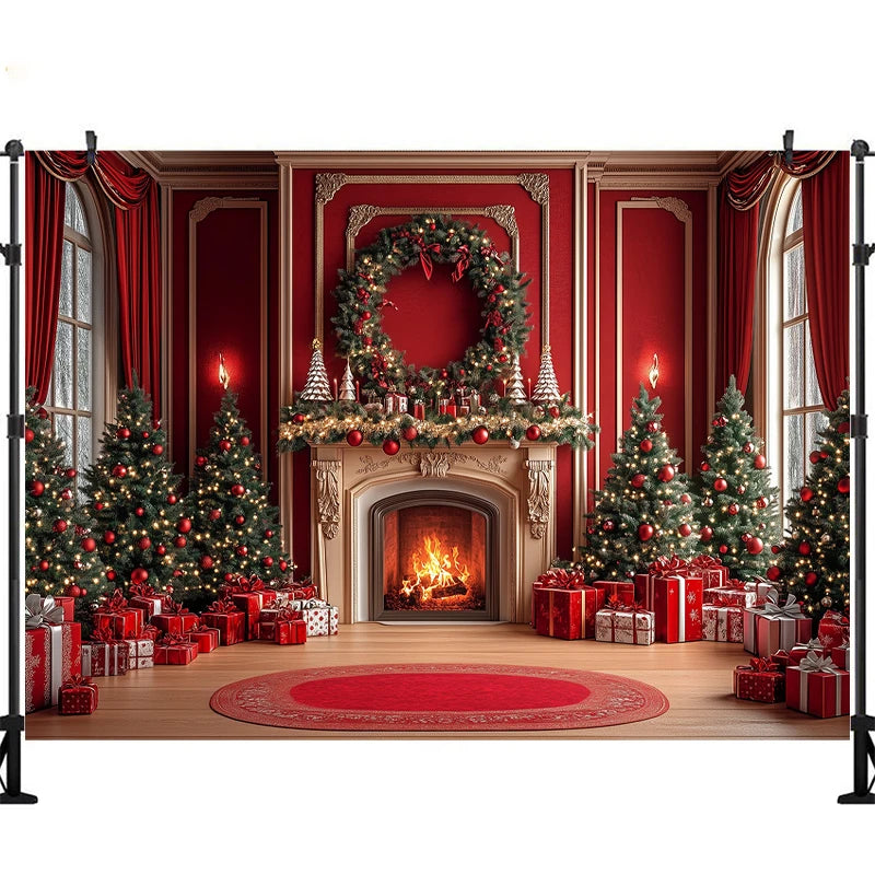 LS Photography Background Xmas Tree Red Room Christmas Fireplace Decoration Kids Holiday Portrait Photo Backdrops Studio Props