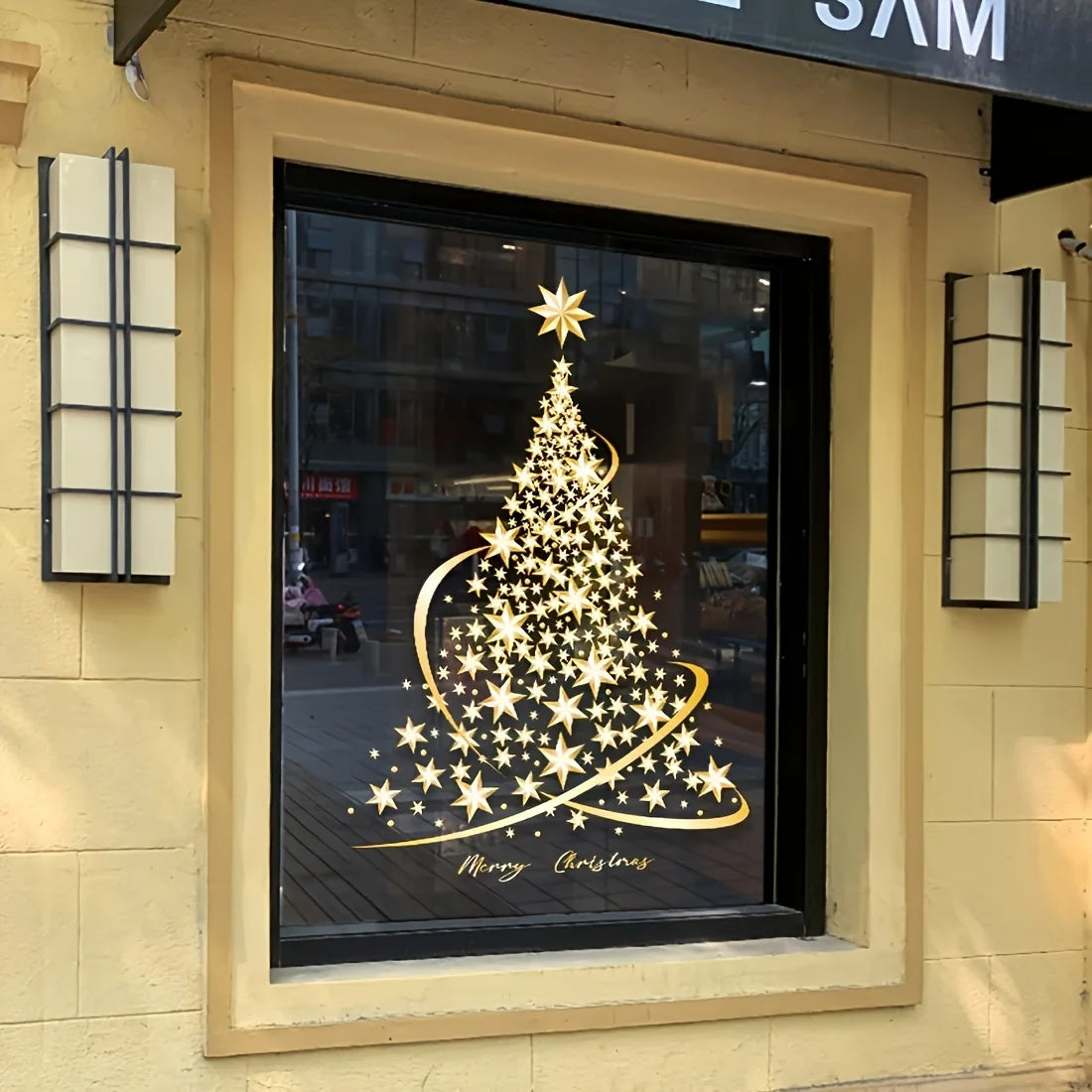 Golden Christmas Tree Window Clings - Festive PVC Stickers for Glass, Easy to Apply & Remove, Christmas Decorations window film