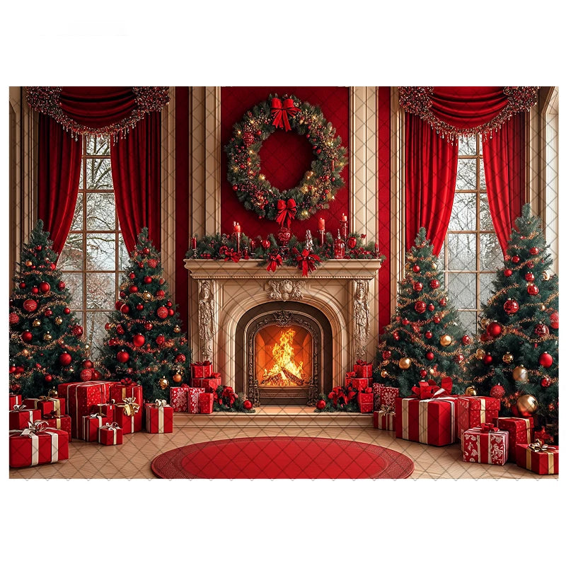 LS Photography Background Xmas Tree Red Room Christmas Fireplace Decoration Kids Holiday Portrait Photo Backdrops Studio Props