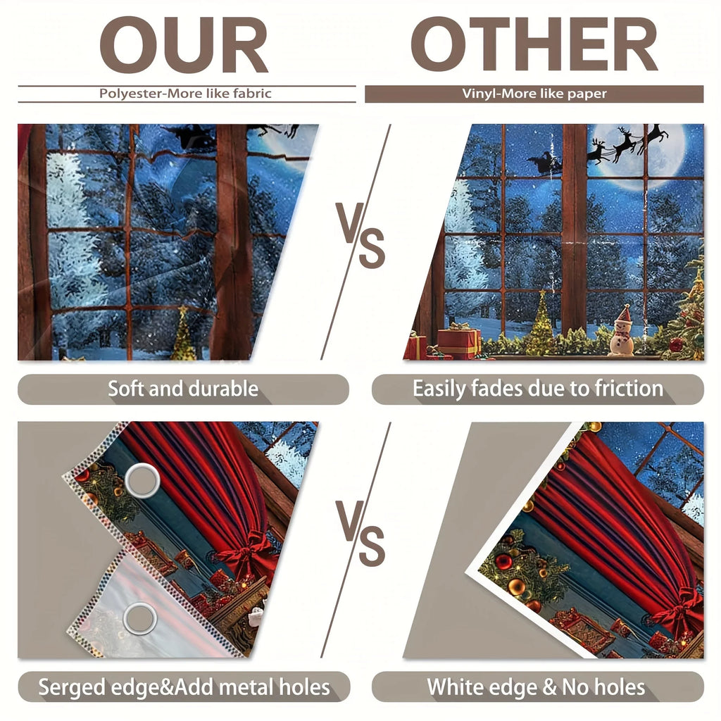 Christmas photography background with moon, deer, tree, red curtains, snowman, starry sky forest, holiday wall hanging flag