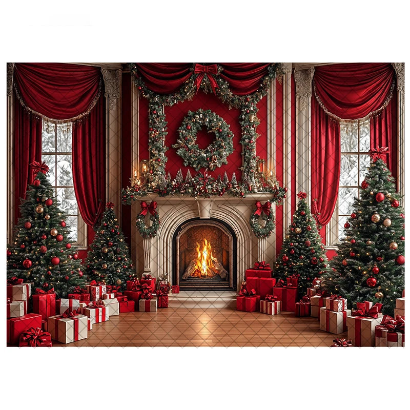 LS Photography Background Xmas Tree Red Room Christmas Fireplace Decoration Kids Holiday Portrait Photo Backdrops Studio Props
