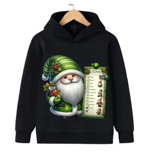 Christmas hooded sweater, cartoon-style, festive Santa Claus design, suitable for both boys and girls.