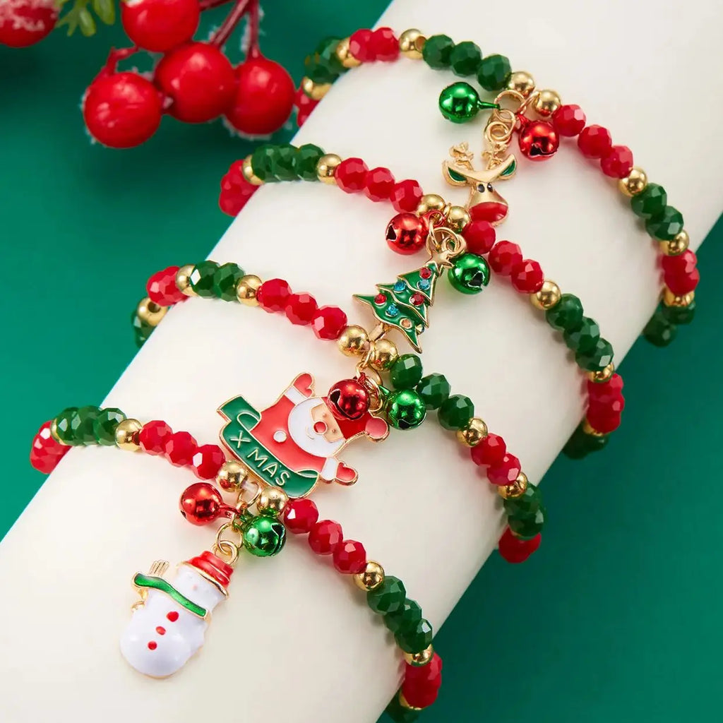 Trendy Small Crystal Bead Xmas Bracelet for Women Men Fashion Handmade Christmas Tree Snowman Elastic Bracelet Jewelry Gifts