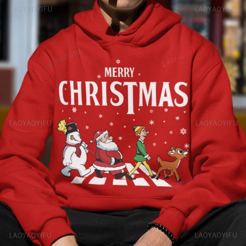 Merry Christmas Santa Claus and Elf Man Red Hoodie Autumn and Winter Drop Shoulder New Year Xmas Gift Sweatshirt Woman Clothes