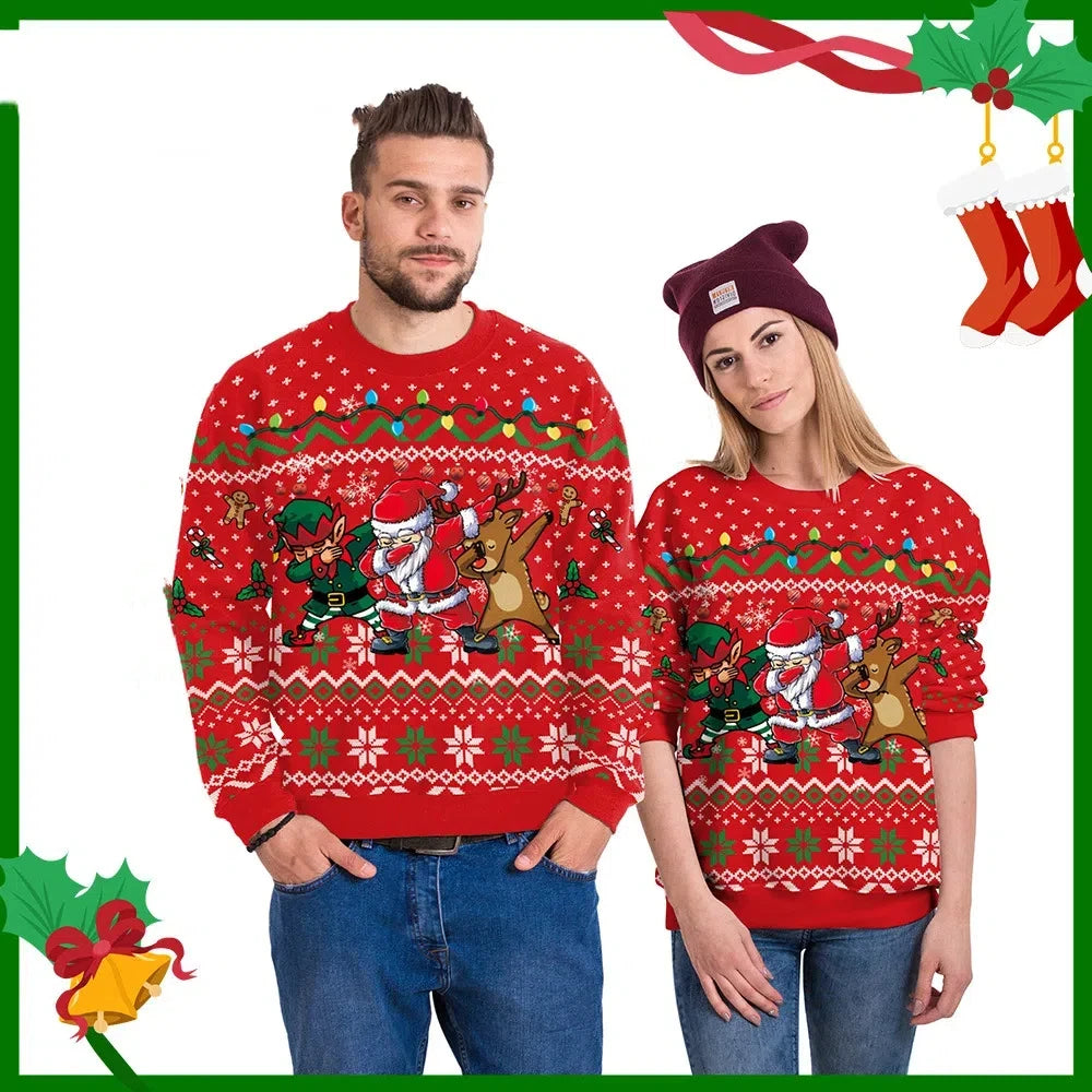 2025 Sweatshirts Christmas Fun Pattern Couple Pullovers Christmas Oversized Crew Neck Sweatshirts Women Men Holiday Party Outfit