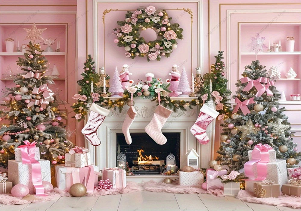 Pink Christmas Photography Backdrop Xmas Tree Fireplace Gifts Box Background Family Party Baby Shower Banner Decor Photo Studio