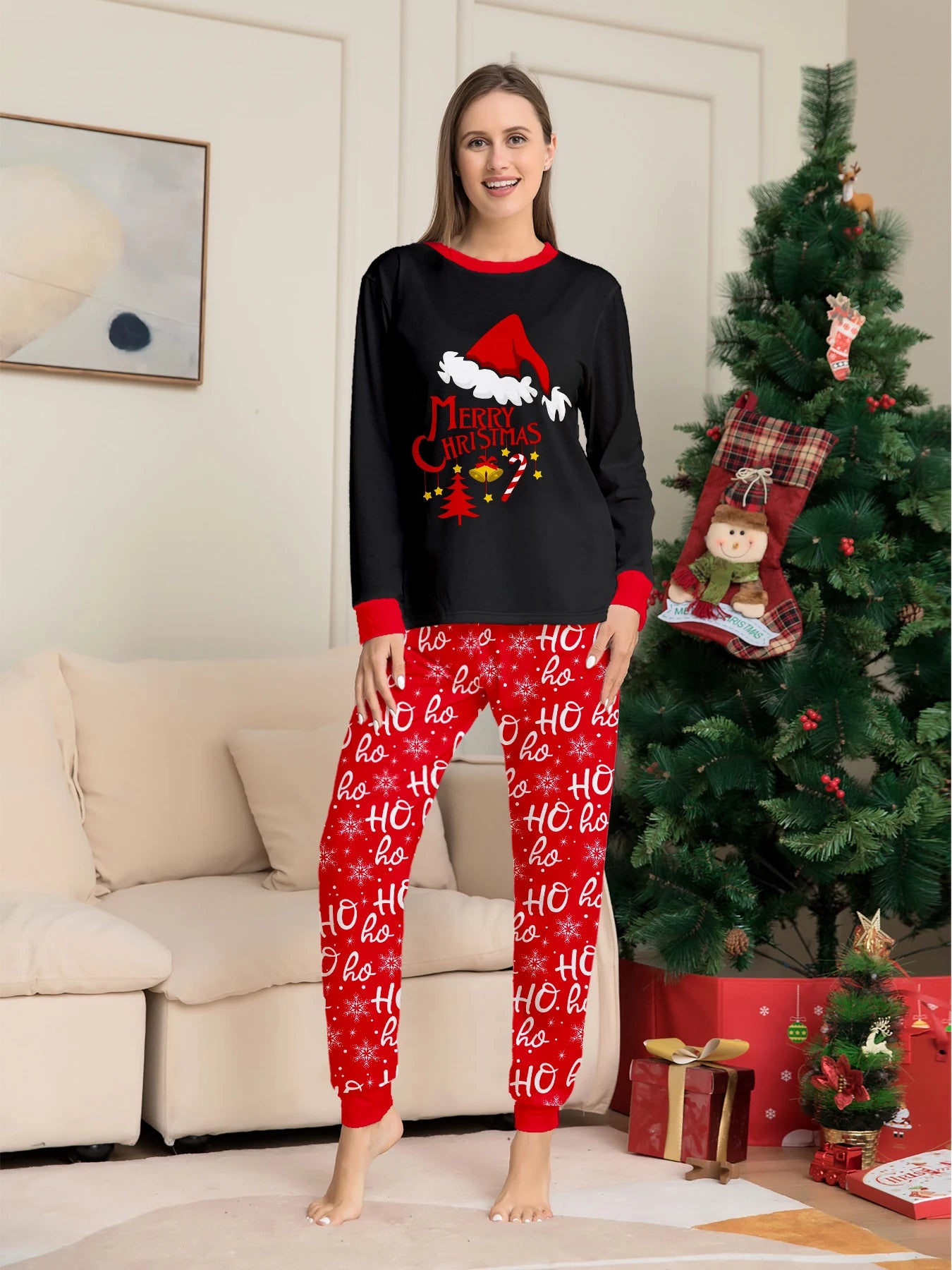 Festive Christmas Couple Pajamas Set: Black with Santa Hat & 'Merry Christmas' + Red 'HO Ho' Pattern