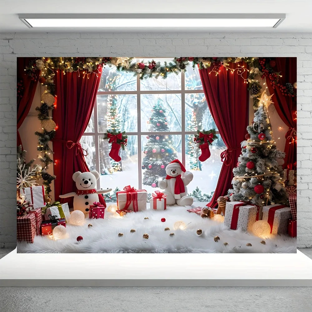Vibrant Winter Wonderland Christmas photography background - Snowmen, Christmas trees and rural window scenes of holiday parties