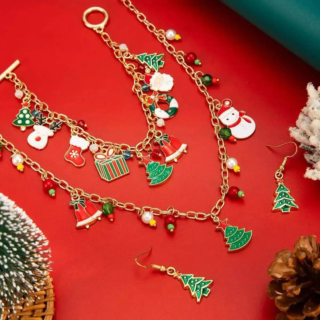 Christmas Tree Santa Snowman Jewelry Set - Trendy Festival Pendant Necklace Bracelet Earring Women's Xmas Gift