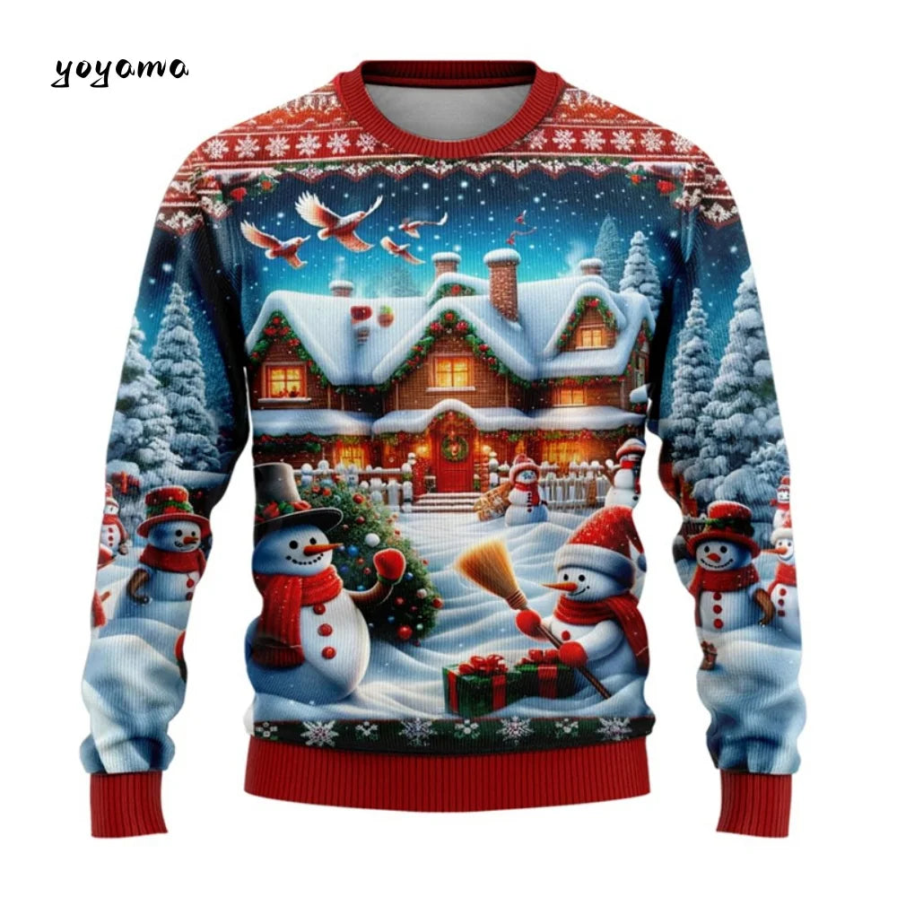 Funny 3D Christmas Men's Sweatshirt Snowman Santa Printed Ugly Christmas Sweatshirt Round Neck Custom Pullovers Man Sweatshirts