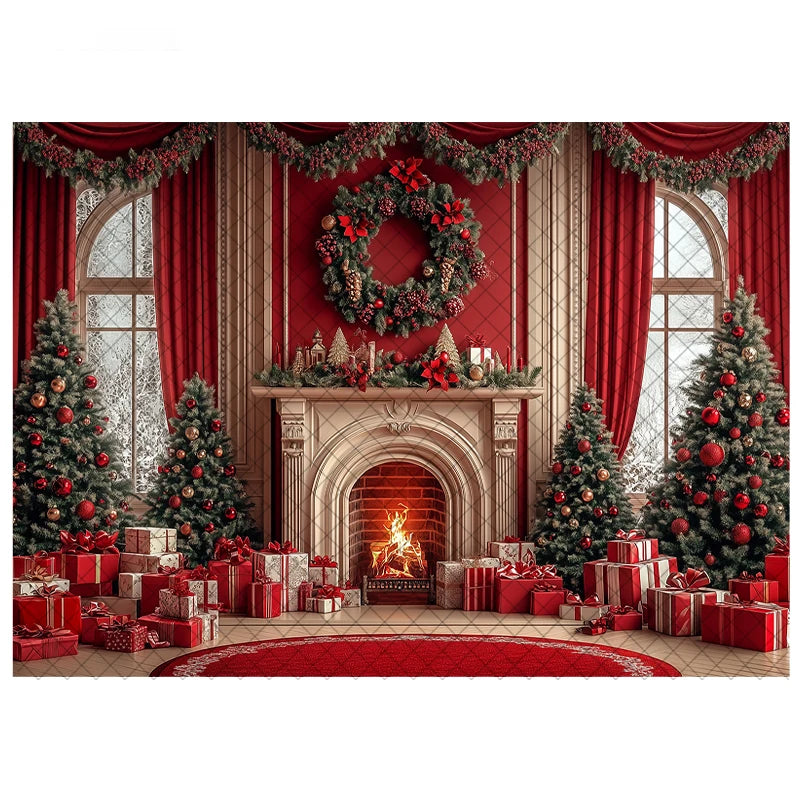 LS Photography Background Xmas Tree Red Room Christmas Fireplace Decoration Kids Holiday Portrait Photo Backdrops Studio Props