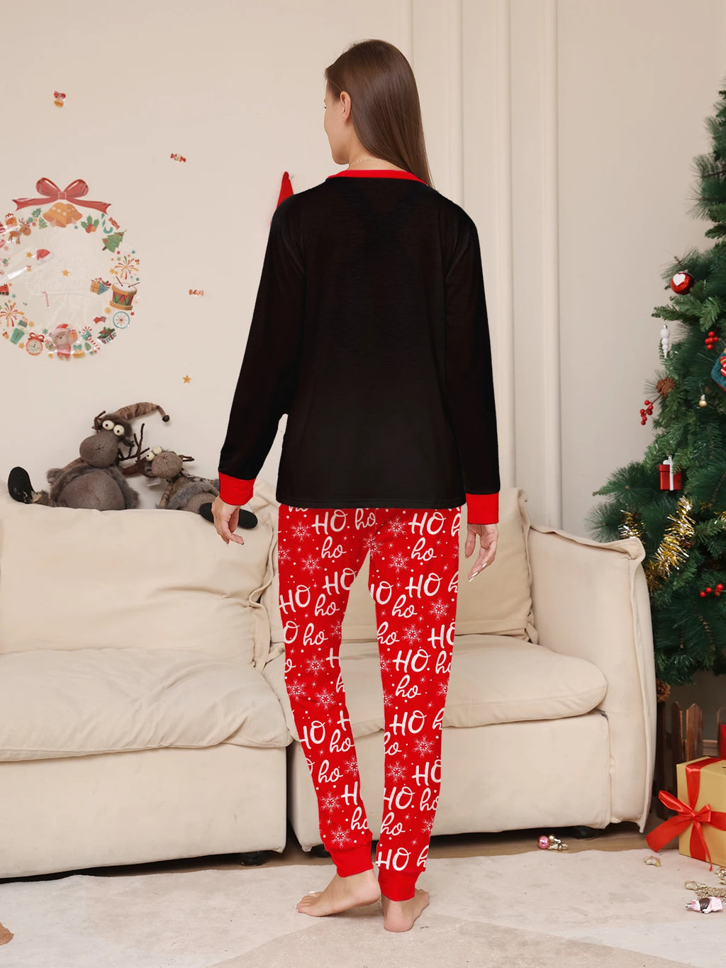 Festive Christmas Couple Pajamas Set: Black with Santa Hat & 'Merry Christmas' + Red 'HO Ho' Pattern