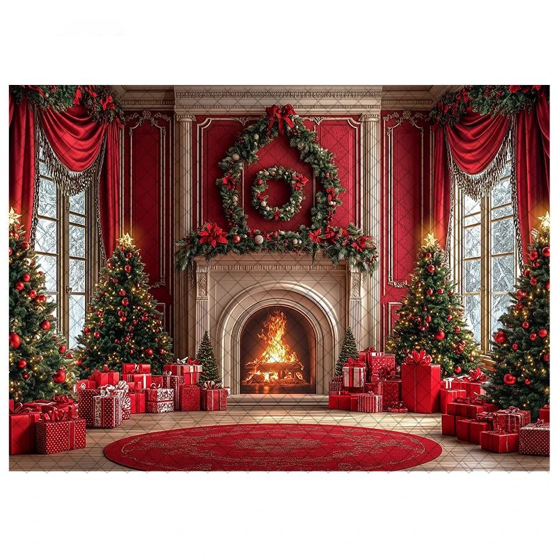 LS Photography Background Xmas Tree Red Room Christmas Fireplace Decoration Kids Holiday Portrait Photo Backdrops Studio Props